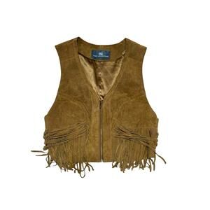 Tart Collection Suede Fringe Western Vest Womens L Tan Boho Zip Front Cowgirl